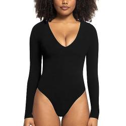 RoomTour Damen Bodys Elegant Body Tiefer V-Ausschnitt Langarm Bodysuits Basic Jumpsuit 2-Schwarz M von RoomTour