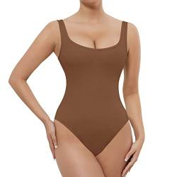 RoomTour Damen Bodysuits Ärmellos U-Ausschnitt Strick Bodysuit Tanga Bodysuit Tops Jumpsuit, Y012-braun-, M von RoomTour