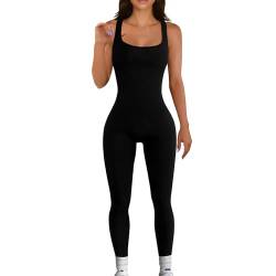 RoomTour Damen Jumpsuit Elegant Ärmellos Gerippte Eng Jumpsuit für Damen Yoga U Hals Overall Sport Workout Bodycon Schwarz S von RoomTour