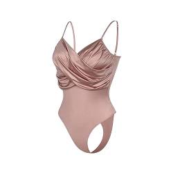 RoomTour Damen Satin Bodys Deep V Ausschnitt Ärmellos Bodysuit Slim Fit Body Shapewear 1-Rosa M von RoomTour