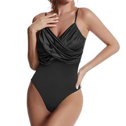 RoomTour Damen Satin Bodys Deep V Ausschnitt Ärmellos Bodysuit Slim Fit Body Shapewear 3-Schwarz S von RoomTour