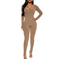 RoomTour Damen Sport Jumpsuit Lang Elegant Shapewear Bodysuits Yoga Bodycon Langarm Tights Shape Stretch Sports Braun L von RoomTour