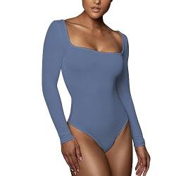 RoomTour Damen Square Neck Langarm Tops Bodysuit Jumpsuit T Shirt Bodysuit Tanga Bottom, 004-blau, M von RoomTour