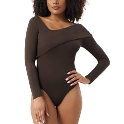 RoomTour DamenBody Langarm Bodysuit Elegant Bodies mit Asymmetrischem Kragen Slim Body Tops 3-Braun L von RoomTour