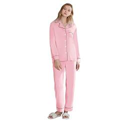 RoomTour Schlafanzug Damen Baumwolle Pyjama Set Lang Zweiteiliger Nachtwäsche Pyjamahose Hausanzug Freizeitanzug Rosa XL von RoomTour