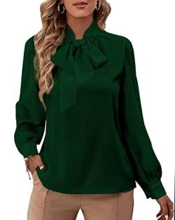 Rooscier Damen Bluse mit Schleife, V-Ausschnitt, Langarm, Knopfmanschette, Chiffon, elegante Bluse, Grün , Groß von Rooscier