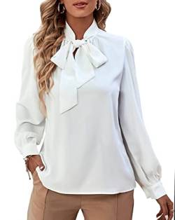 Rooscier Damen Bluse mit Schleife, V-Ausschnitt, Langarm, Knopfmanschette, Chiffon, elegante Bluse, Weiß, X-Groß von Rooscier