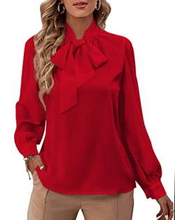 Rooscier Damen Bluse mit Schleife, V-Ausschnitt, Langarm, Knopfmanschette, Chiffon, elegante Bluse, rot, X-Groß von Rooscier