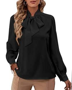 Rooscier Damen Bluse mit Schleife, V-Ausschnitt, Langarm, Knopfmanschette, Chiffon, elegante Bluse, schwarz, Groß von Rooscier