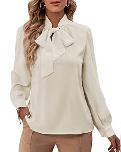 Rooscier Damen Fliege Ausschnitt Langarm Buttton Manschette Chiffon Elegante Bluse, beige, Mittel von Rooscier