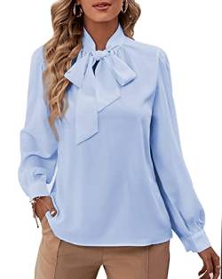 Rooscier Damen Fliege Ausschnitt Langarm Buttton Manschette Chiffon Elegante Bluse, hellblau, X-Groß von Rooscier