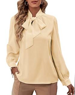 Rooscier Damen Fliege Ausschnitt Langarm Buttton Manschette Chiffon Elegante Bluse, khaki, Mittel von Rooscier