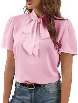 Rooscier Damen Fliege Knoten Mock Neck Kurzarm Elegant Arbeitskleidung Bluse Shirt Top, Babyrosa, XX-Large von Rooscier