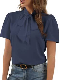 Rooscier Damen Fliege Knoten Mock Neck Kurzarm Elegant Arbeitskleidung Bluse Shirt Top, dusty blue, Mittel von Rooscier