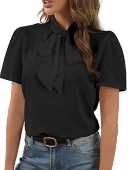 Rooscier Damen Fliege Knoten Stehkragen Kurzarm Elegant Arbeitskleidung Bluse Shirt Top, schwarz, Klein von Rooscier