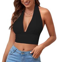 Rooscier Damen Tiefer V-Ausschnitt Neckholder Raffhalter Ärmellos Rückenfrei Cami Crop Top, Schwarz, Groß von Rooscier