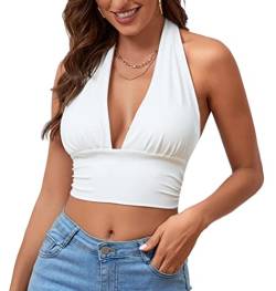 Rooscier Damen Tiefer V-Ausschnitt Neckholder Raffhalter Ärmellos Rückenfrei Cami Crop Top, Weiss/opulenter Garten, X-Groß von Rooscier