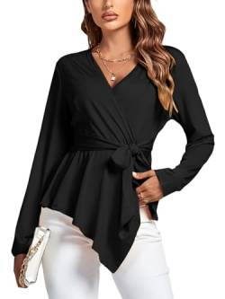 Rooscier Damen Wrap V-Ausschnitt Krawatte Taille Schößchen Rüschen Saum Langarm Bluse Top Shirt, Einfarbig Schwarz, X-Large von Rooscier