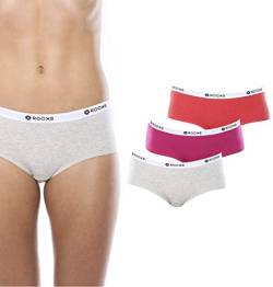 Rooxs Unterwäsche Damen Hipster 3X Unterhosen Damen Panty Baumwolle (DE/NL/SE/PL, Alphanumerisch, M, Regular, Regular, 3X Grau, Pink, Rot) von Rooxs