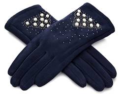 Rose Black Winterhandschuhe für Damen - Wildlederhandschuhe mit Perlen (Marineblau) von Rose Black