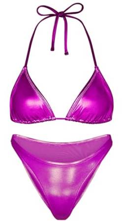 Rosebea Metallic-Bikini-Set für Damen – Retro, glänzend, Silber, 2-teilig, Triangel-Badeanzug, Neckholder-Top, Badeanzug, Violett, S von Rosebea
