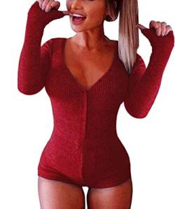 Roselux Damen Sexy Tiefer V-Ausschnitt Shorts Langarm Gestrickt Einteiler Bodysuit Sexy Pyjama Einteiler Bodycon Strampler Overall - - Mittel von Roselux