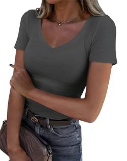 Roselux Frauen V-Ausschnitt Geripptes enges T-Shirt Kurzarm Shirt Basic Knit Top, Dunkelgrau, Klein von Roselux