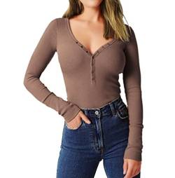 Roselux Henley-Shirt für Damen, langärmlig, V-Ausschnitt, gerippt, mit Knöpfen, coffee, Groß von Roselux