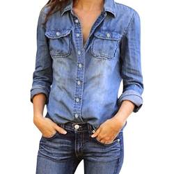 Damen Jeanshemd Rosennie Frauen Mode Casual Hemd Blue Jean Denim Langarm Shirt Tops Bluse Jacke Womens Jeansbluse Hemdbluse Langarmbluse Jeansjacke Frühling Sommer Oberteile Streetwear (Blau, 2XL) von Rosennie_Bluse