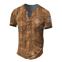 Basic Shirt Herren Hemd Kariert Herren Haweihemd V-Ausschnitt Knopfleiste Totenkopf Druck Henley Shirt Kurzarm Klassischer Passform Tactical Shirts Poloshirt Herren (Braun, 4XL) von Rosennie