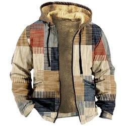 Gefütterte Jacke Herren Kariertes Druck Vintage Winterjacke Warme Sweatjacke Mit Kapuze Dicken Fleece Jacke Kapuzenjacke Mit Reißverschluss Oversized Hoodie Basic Übergangsjacke Outdoor Jacke von Rosennie