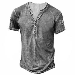 Muscle Shirt Herren Herren Hemd Kurzarm Weiß T-Shirt Herren V-Ausschnitt Knopfleiste Totenkopf Druck Henley Shirt Kurzarm Klassischer Passform Tactical Shirts T-Shirt Weiß (Grau, XL) von Rosennie