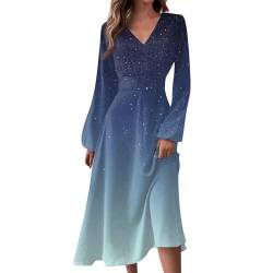 Rosennie Kleid Winter Damen Maxikleid Damen Damen Kleid Winter V-Ausschnitt Farbverlauf Abendkleid Langarm Tailliert Tunika Kleid Festlich Hochzeits Gast Kleid Kleid (Blau, S) von Rosennie