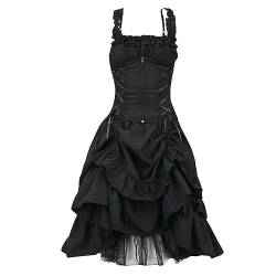 Rosennie Mittelalter Kleid Sommerkleider Damen Bleistiftrock Damen Spaghetti Halloween Schwarzes Kleid Mit Reißverschluss Plissiertes Cosplay Kostüm Steampunk Kleid Maid Dress (Schwarz, 4XL) von Rosennie