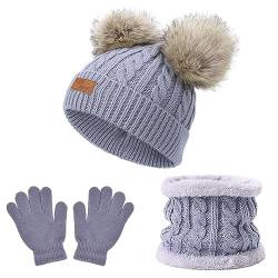 3 Stück Kinder Wintermütze Schal Handschuhe Set, Beanie Strickmütze Schalmütze,Jungen Strickmütze Set,Winter Verdicken Fleece Thermisch Strickmütze mit Fleece Gefüttert für 3-10 Jahre Alt (Grau) von Roseyan