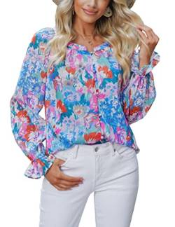 Roskiky Bluse Damen Elegant Chiffon Bluse Bluse Langarm Damen Sommer Outfits Damen Sommer Blusen Für Damen Blusenshirt Damen Langarm Royal Blue Farbe mischen Floral 2XL von Roskiky