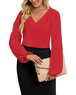 Roskiky Bluse Damen Elegant Tunika Damen Sommer Oberteile Damen Herbst Basic Oberteile Damen Langarmshirt Rot Damen Oberteile Damen Große Größen Rot 2XL von Roskiky