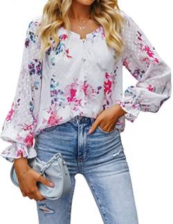 Roskiky Bluse Lang Damen Oberteile Herbst Damen Oberteile Langarm Schickes Oberteil Damen Blusentops Damen Casual Outfit Damen Bluse Weiß Damen Weiß geblümt M von Roskiky