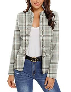 Roskiky Damen Blazer für Frauen, Cardigan, Freizeit Business Jacke, mit Taschen, Deko Knöpfe vorne Grau Plaid Größe XXL (Fits EU 52-EU 54) von Roskiky