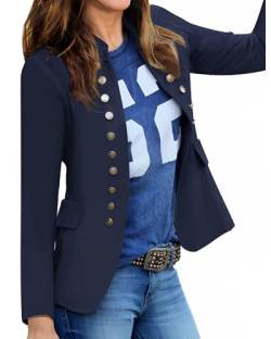 Roskiky Damen Blazer für Frauen, Cardigan, Freizeit Business Jacke, mit Taschen, Deko Knöpfe vorne Navy Blau Größe Large (Fits EU 44-EU 46) von Roskiky