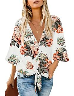 Roskiky Damen Bluse Chiffon Elegant V-Ausschnitt Bell Sleeve Fledermausärmel Oberteile Hemd Loose Tops mit 3 4 Arm Aprikose Geblühmt Large von Roskiky