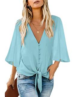 Roskiky Damen Bluse Chiffon Elegant V-Ausschnitt Bell Sleeve Fledermausärmel Oberteile Hemd Loose Tops mit 3 4 Arm Blau Medium von Roskiky