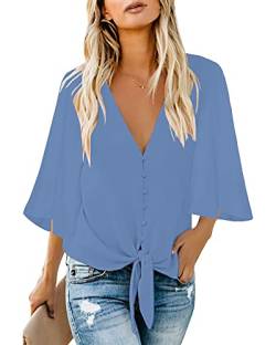 Roskiky Damen Bluse Chiffon Elegant V-Ausschnitt Bell Sleeve Fledermausärmel Oberteile Hemd Loose Tops mit 3 4 Arm Bonnie Blau M von Roskiky