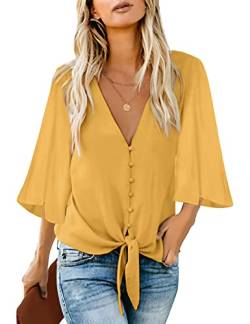 Roskiky Damen Bluse Chiffon Elegant V-Ausschnitt Bell Sleeve Fledermausärmel Oberteile Hemd Loose Tops mit 3 4 Arm Gelb Large von Roskiky