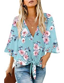 Roskiky Damen Bluse Chiffon Elegant V-Ausschnitt Bell Sleeve Fledermausärmel Oberteile Hemd Loose Tops mit 3 4 Arm Hellblau Geblühmt Medium von Roskiky