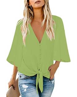 Roskiky Damen Bluse Chiffon Elegant V-Ausschnitt Bell Sleeve Fledermausärmel Oberteile Hemd Loose Tops mit 3 4 Arm Helles Grün L von Roskiky