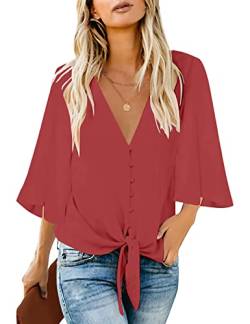 Roskiky Damen Bluse Chiffon Elegant V-Ausschnitt Bell Sleeve Fledermausärmel Oberteile Hemd Loose Tops mit 3 4 Arm Koralle Large von Roskiky