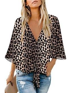 Roskiky Damen Bluse Chiffon Elegant V-Ausschnitt Bell Sleeve Fledermausärmel Oberteile Hemd Loose Tops mit 3 4 Arm Leopard X-Large von Roskiky