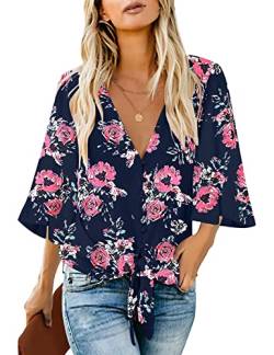 Roskiky Damen Bluse Chiffon Elegant V-Ausschnitt Bell Sleeve Fledermausärmel Oberteile Hemd Loose Tops mit 3 4 Arm Marineblau Geblühmt XX-Large von Roskiky