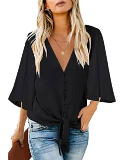 Roskiky Damen Bluse Chiffon Elegant V-Ausschnitt Bell Sleeve Fledermausärmel Oberteile Hemd Loose Tops mit 3 4 Arm Schwarz Large von Roskiky